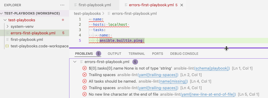 Playbook errors shown in Problems tab and explorer list