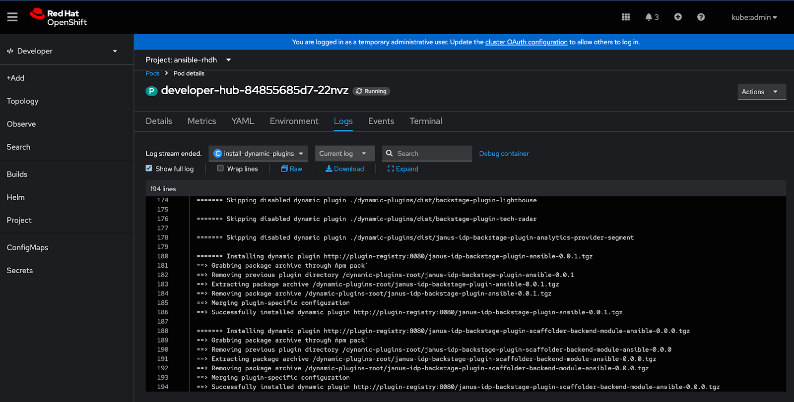 container logs for install-dynamic-plugin