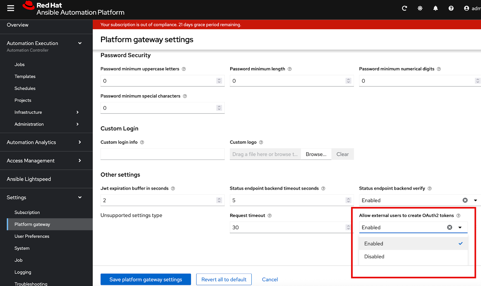 Allow external users to create OAuth2 tokens setting